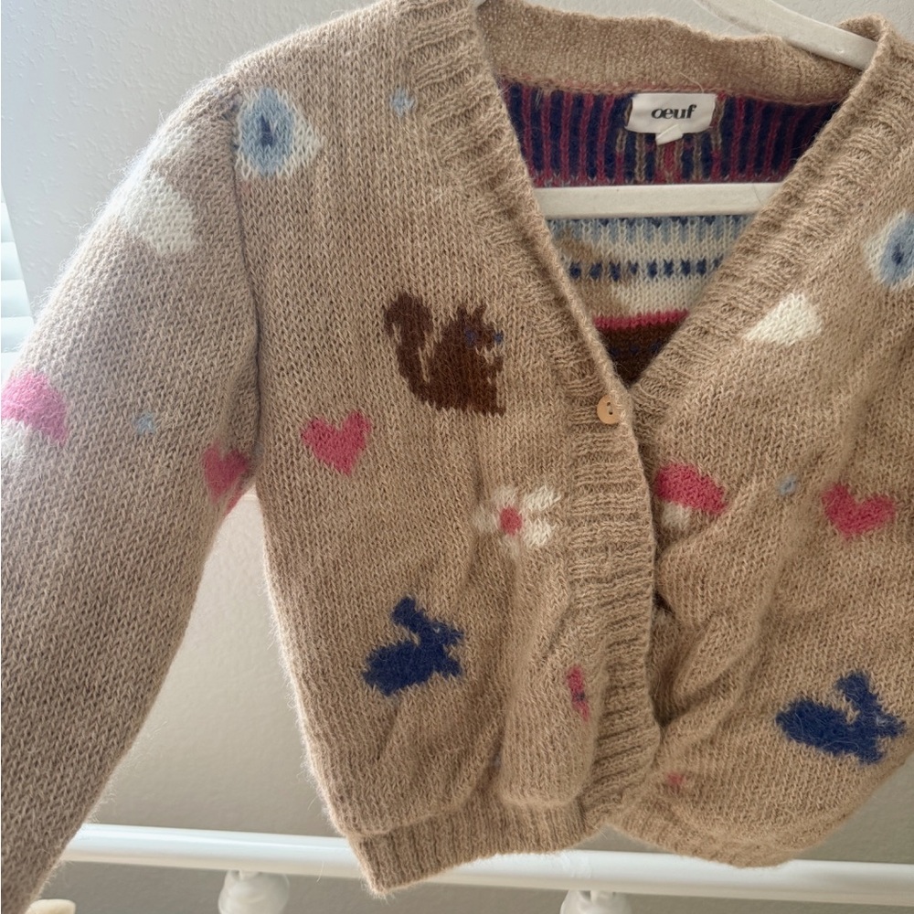 Oeuf Beige Cardigan with Animal and Heart Designs